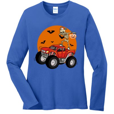 Dabbing Skeleton Riding Monster Truck Funny Halloween Cute Gift Ladies Long Sleeve Shirt