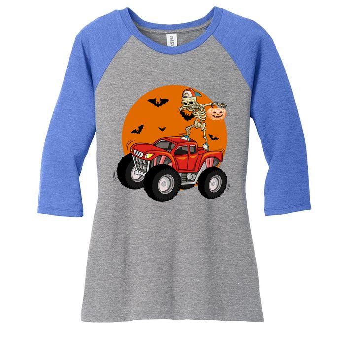 Dabbing Skeleton Riding Monster Truck Funny Halloween Cute Gift Women's Tri-Blend 3/4-Sleeve Raglan Shirt