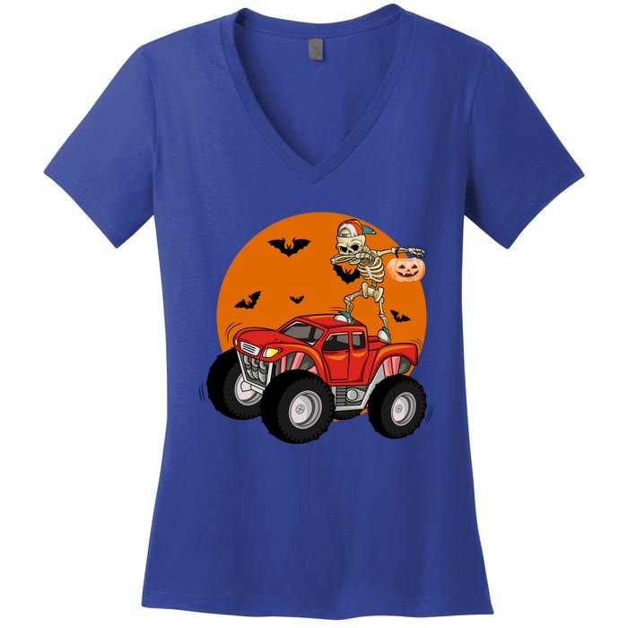 Dabbing Skeleton Riding Monster Truck Funny Halloween Cute Gift Women's V-Neck T-Shirt