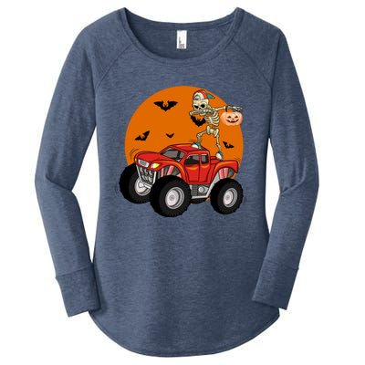 Dabbing Skeleton Riding Monster Truck Funny Halloween Cute Gift Women's Perfect Tri Tunic Long Sleeve Shirt