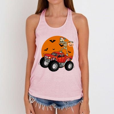 Dabbing Skeleton Riding Monster Truck Funny Halloween Cute Gift Women's Knotted Racerback Tank