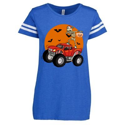 Dabbing Skeleton Riding Monster Truck Funny Halloween Cute Gift Enza Ladies Jersey Football T-Shirt