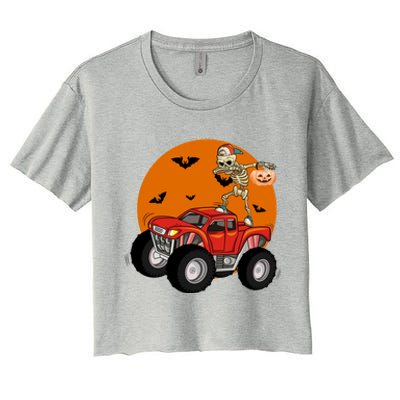 Dabbing Skeleton Riding Monster Truck Funny Halloween Cute Gift Women's Crop Top Tee