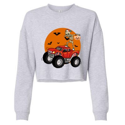 Dabbing Skeleton Riding Monster Truck Funny Halloween Cute Gift Cropped Pullover Crew