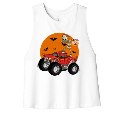 Dabbing Skeleton Riding Monster Truck Funny Halloween Cute Gift Women's Racerback Cropped Tank