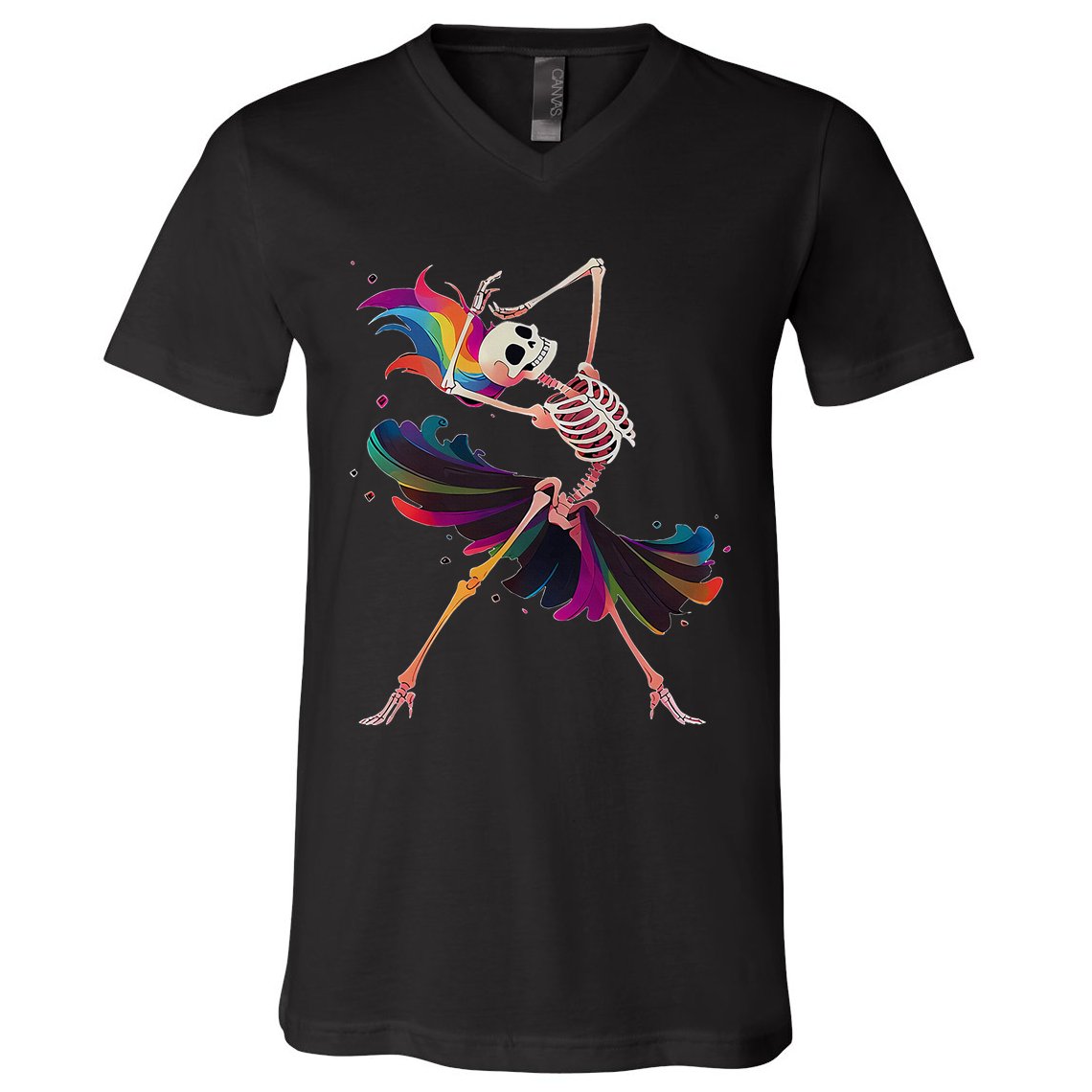 Dancing Skeleton Rainbow Ballerina Halloween V-Neck T-Shirt