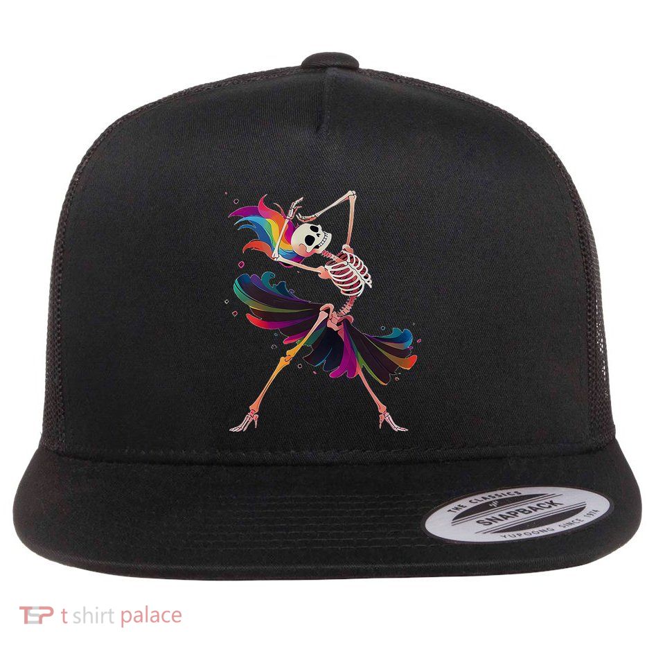 Dancing Skeleton Rainbow Ballerina Halloween Flatbill Hat
