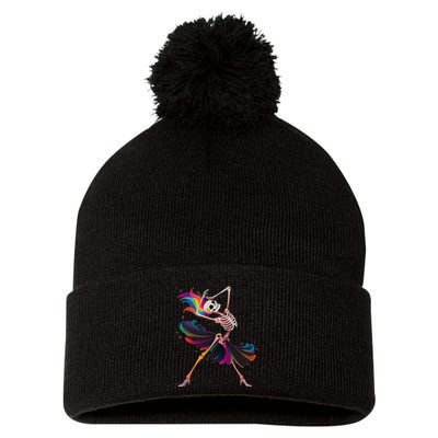Dancing Skeleton Rainbow Ballerina Halloween Pom Pom 12in Knit Beanie