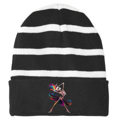 Dancing Skeleton Rainbow Ballerina Halloween Striped Beanie with Solid Band