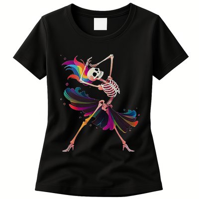 Dancing Skeleton Rainbow Ballerina Halloween Womens T-Shirt