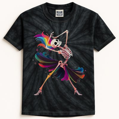 Dancing Skeleton Rainbow Ballerina Halloween Kids Tie-Dye T-Shirt