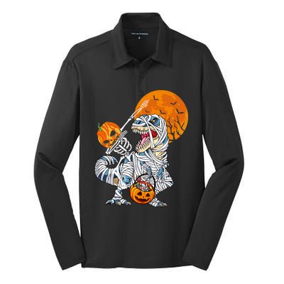 Dabbing Skeleton Riding Mummy Dinosaur T Rex Funny Halloween Funny Gift Silk Touch Performance Long Sleeve Polo