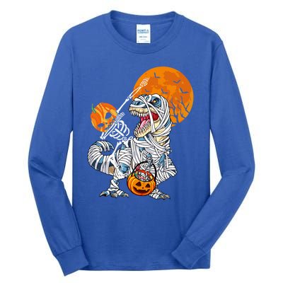 Dabbing Skeleton Riding Mummy Dinosaur T Rex Funny Halloween Funny Gift Tall Long Sleeve T-Shirt