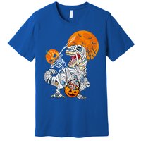 Dabbing Skeleton Riding Mummy Dinosaur T Rex Funny Halloween Funny Gift Premium T-Shirt