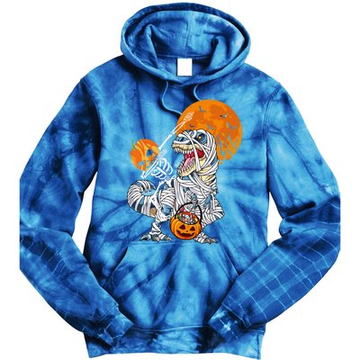 Dabbing Skeleton Riding Mummy Dinosaur T Rex Funny Halloween Funny Gift Tie Dye Hoodie