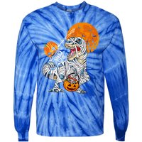 Dabbing Skeleton Riding Mummy Dinosaur T Rex Funny Halloween Funny Gift Tie-Dye Long Sleeve Shirt