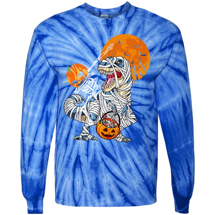 Dabbing Skeleton Riding Mummy Dinosaur T Rex Funny Halloween Funny Gift Tie-Dye Long Sleeve Shirt