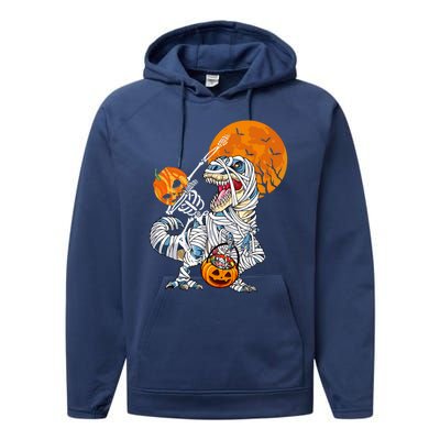 Dabbing Skeleton Riding Mummy Dinosaur T Rex Funny Halloween Funny Gift Performance Fleece Hoodie