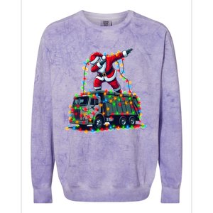 Dabbing Santa Riding Garbage Truck Colorful Christmas Lights Gift Colorblast Crewneck Sweatshirt