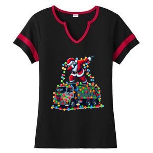 Dabbing Santa Riding Garbage Truck Colorful Christmas Lights Gift Ladies Halftime Notch Neck Tee