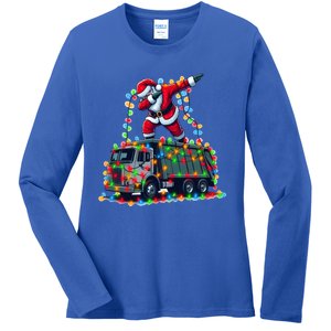 Dabbing Santa Riding Garbage Truck Colorful Christmas Lights Gift Ladies Long Sleeve Shirt