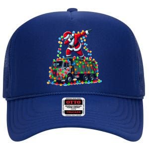 Dabbing Santa Riding Garbage Truck Colorful Christmas Lights Gift High Crown Mesh Back Trucker Hat