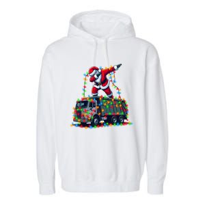 Dabbing Santa Riding Garbage Truck Colorful Christmas Lights Gift Garment-Dyed Fleece Hoodie