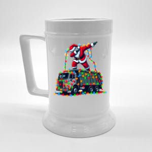 Dabbing Santa Riding Garbage Truck Colorful Christmas Lights Gift Beer Stein