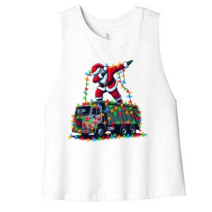 Dabbing Santa Riding Garbage Truck Colorful Christmas Lights Gift Women's Racerback Cropped Tank