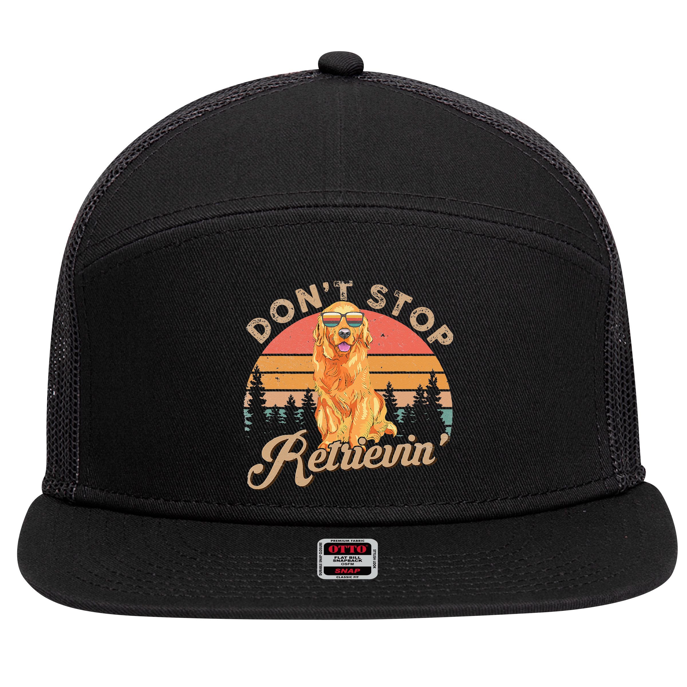 Don't Stop Retrieving Retro Golden Retriever 7 Panel Mesh Trucker Snapback Hat