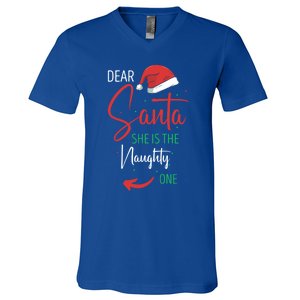 Dear Santa She Is The Naughty One Christmas Couples Present Gift V-Neck T-Shirt