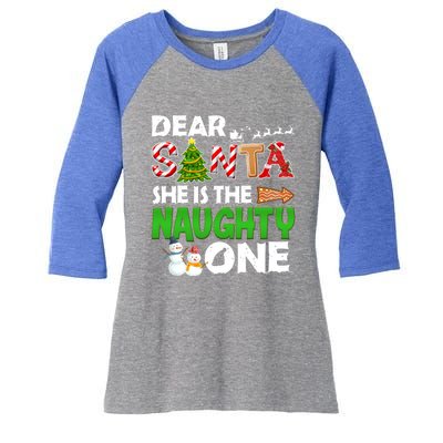 Dear Santa She Is The Naughty One Christmas Matching Couple Gift Women's Tri-Blend 3/4-Sleeve Raglan Shirt