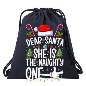 Dear Santa She Is The Naughty One Christmas Couples Xmas Gift Drawstring Bag