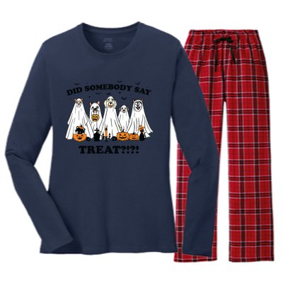 Did Somebody Say Treat Ghost Dogs Lovers Halloween Costume Women's Long Sleeve Flannel Pajama Set 