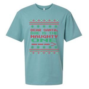 Dear Santa She Is The Naughty One Christmas Ugly Sweater Cool Gift Sueded Cloud Jersey T-Shirt