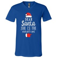 Dear Santa She Is The Naughty One Couple Matching Christmas Great Gift V-Neck T-Shirt