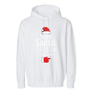 Dear Santa She Is The Naughty One Couple Matching Christmas Great Gift Garment-Dyed Fleece Hoodie