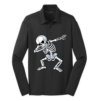 Dabbing Skeleton Spooky Dab Dancing Halloween Silk Touch Performance Long Sleeve Polo