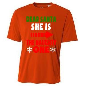 Dear Santa She Is The Naughty One Funny Christmas Couples Gift Cooling Performance Crew T-Shirt