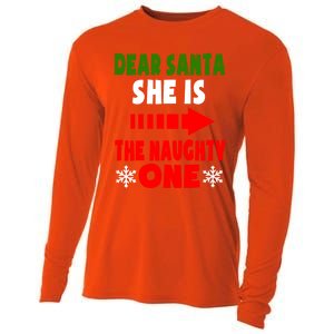 Dear Santa She Is The Naughty One Funny Christmas Couples Gift Cooling Performance Long Sleeve Crew