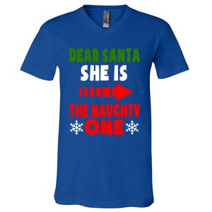 Dear Santa She Is The Naughty One Funny Christmas Couples Gift V-Neck T-Shirt