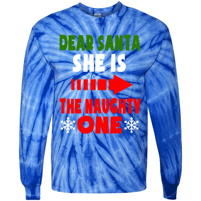 Dear Santa She Is The Naughty One Funny Christmas Couples Gift Tie-Dye Long Sleeve Shirt