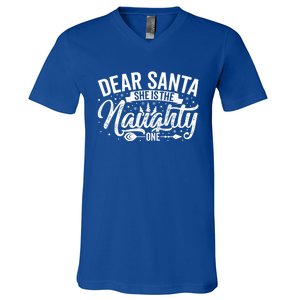 Dear Santa She Is The Naughty One Funny Christmas Couples Gift V-Neck T-Shirt