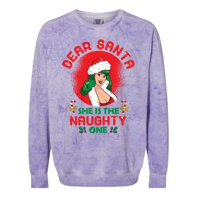 Dear Santa She Is The Naughty One Husband Wife Christmas Gift Colorblast Crewneck Sweatshirt