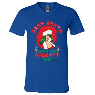 Dear Santa She Is The Naughty One Husband Wife Christmas Gift V-Neck T-Shirt