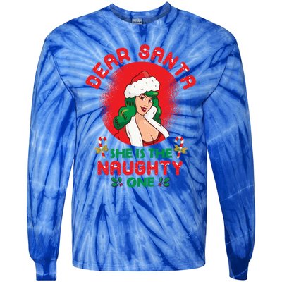 Dear Santa She Is The Naughty One Husband Wife Christmas Gift Tie-Dye Long Sleeve Shirt