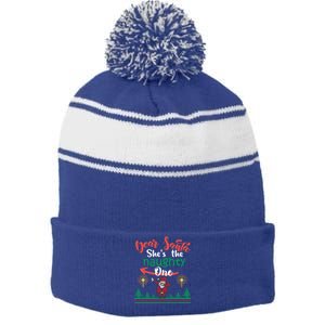 Dear Santa She Is The Naughty One Matching Christmas Couple Cute Gift Stripe Pom Pom Beanie