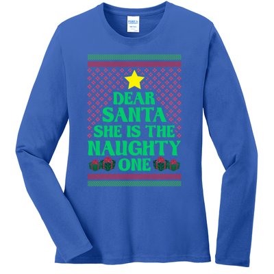 Dear Santa She Is The Naughty One Funny Matching Xmas Gift Ladies Long Sleeve Shirt