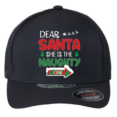 Dear Santa She Is The Naughty One Matching Couple Christmas Gift Flexfit Unipanel Trucker Cap