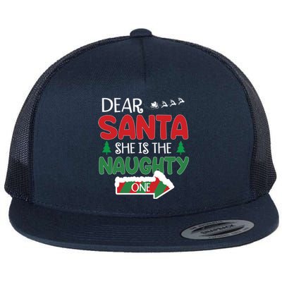 Dear Santa She Is The Naughty One Matching Couple Christmas Gift Flat Bill Trucker Hat